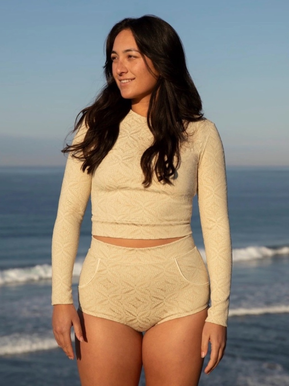 Seea Cream Palomar Crop Rashguard Swim in Sandshell Pearl Textured Long Sleeve - Picture 4 of 5
